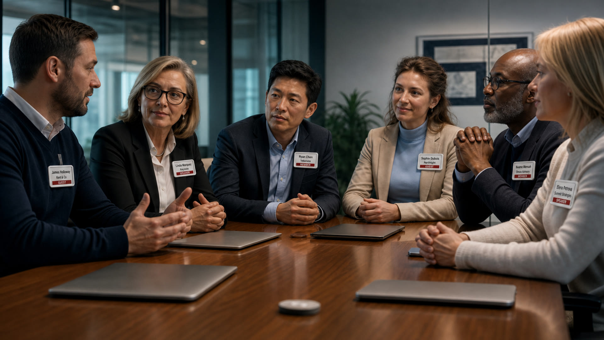 Six people around a board table wearing guest, speaker and member e-ink badges