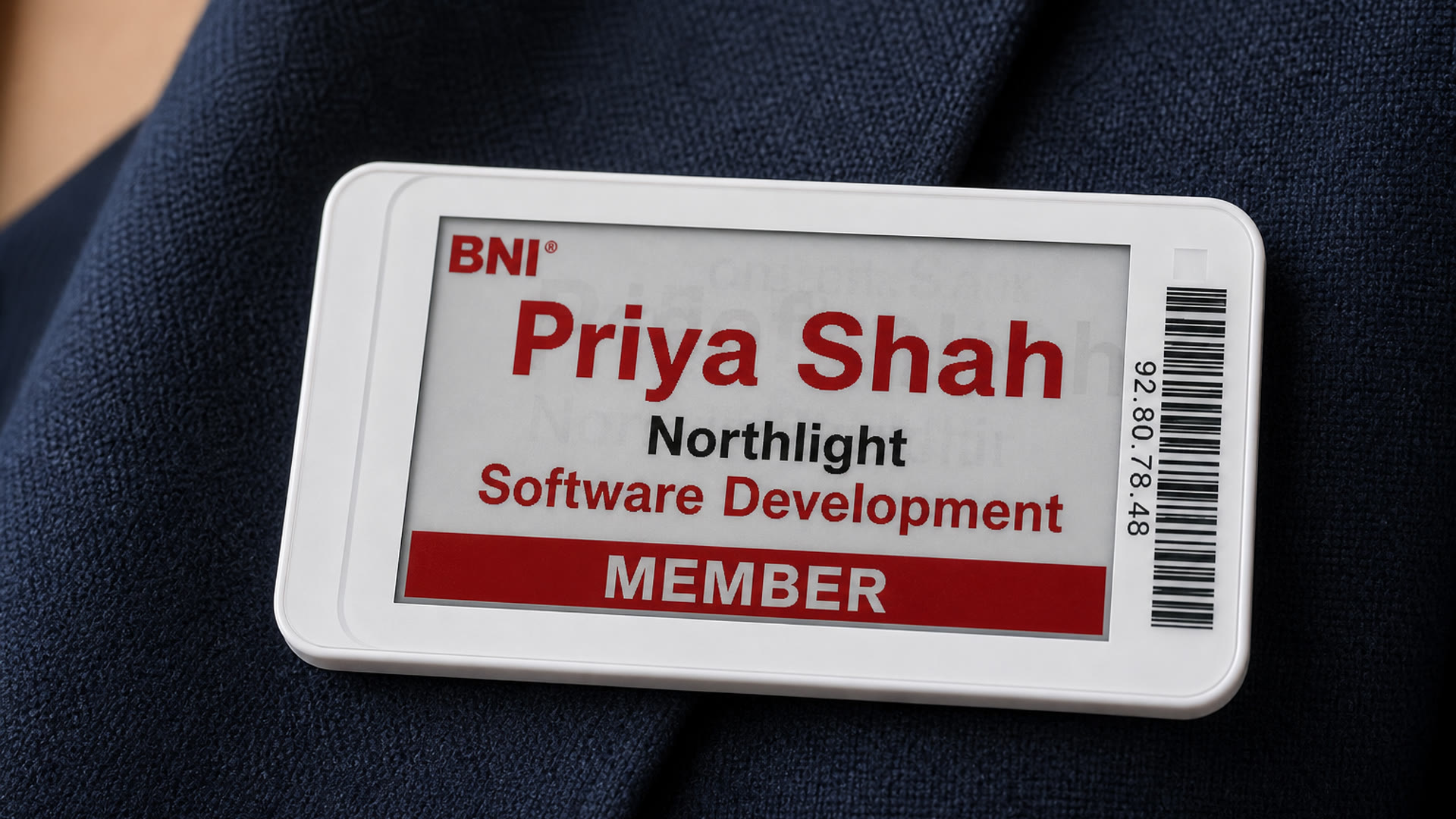 E-ink badge face refreshing to a new name without a paper reprint